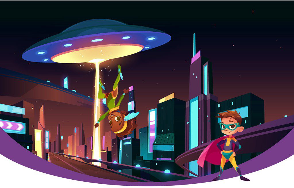 Image d'enfants super-héros dans un décor futuriste, contact entre humains et d'autres civilisations.